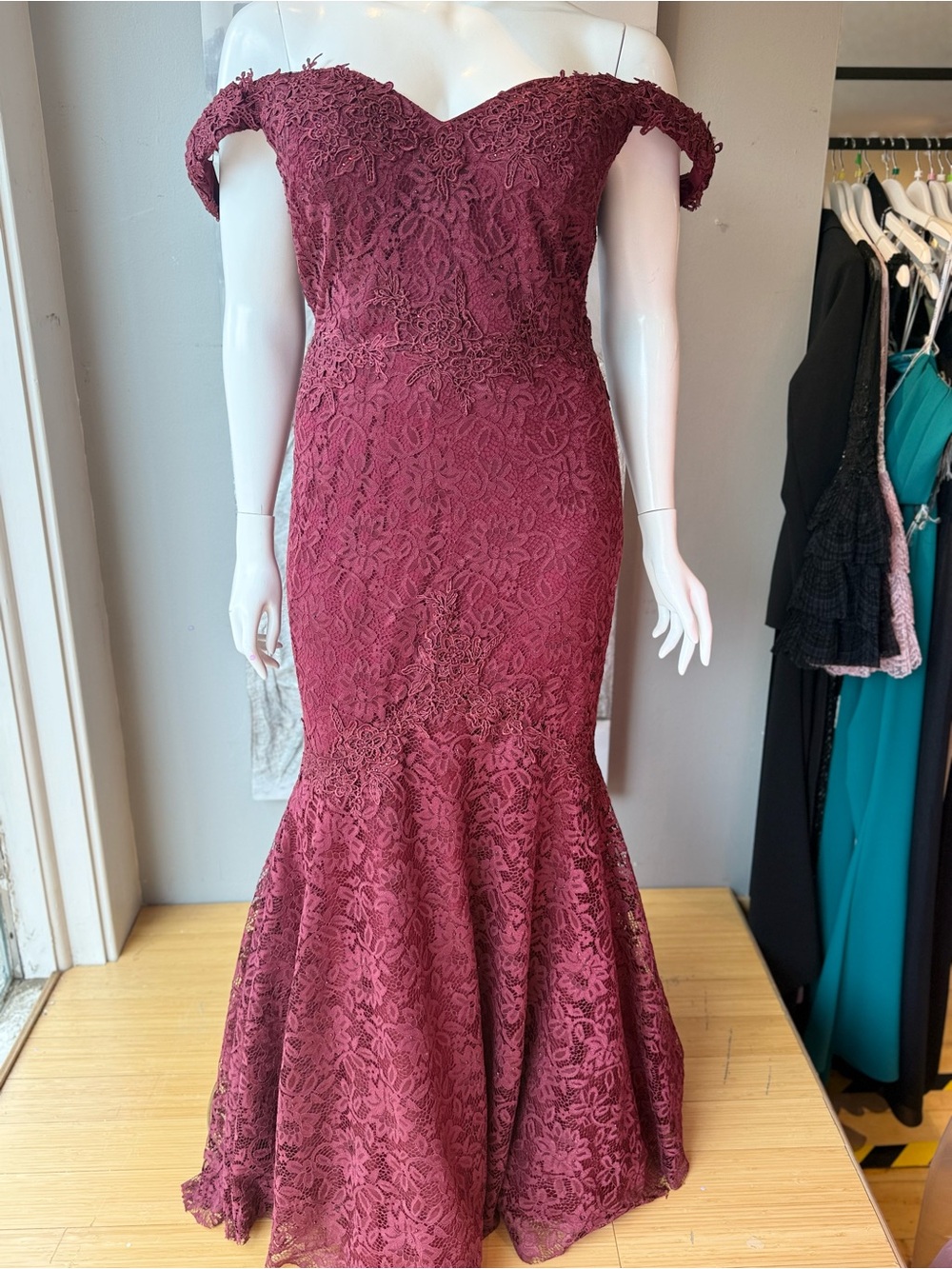 Blush Off-Shoulder Burgundy Lace Mermaid Gown